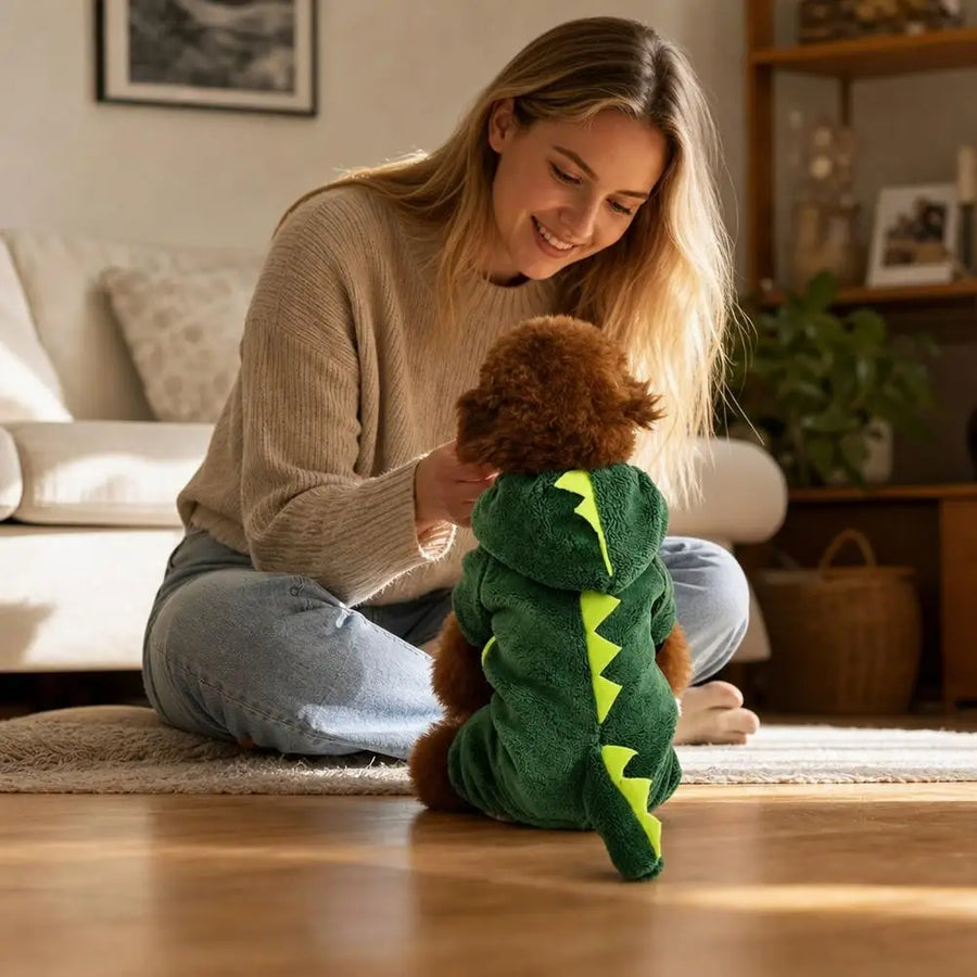 Owner adjusting the Dino Hoodie on her small dog at home