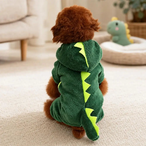 Small dog in the green Dino Hoodie, back view showing the spiky hood and tail
