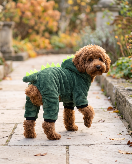 Curly brown dog wearing the green Dino Hoodie on an autumn garden path